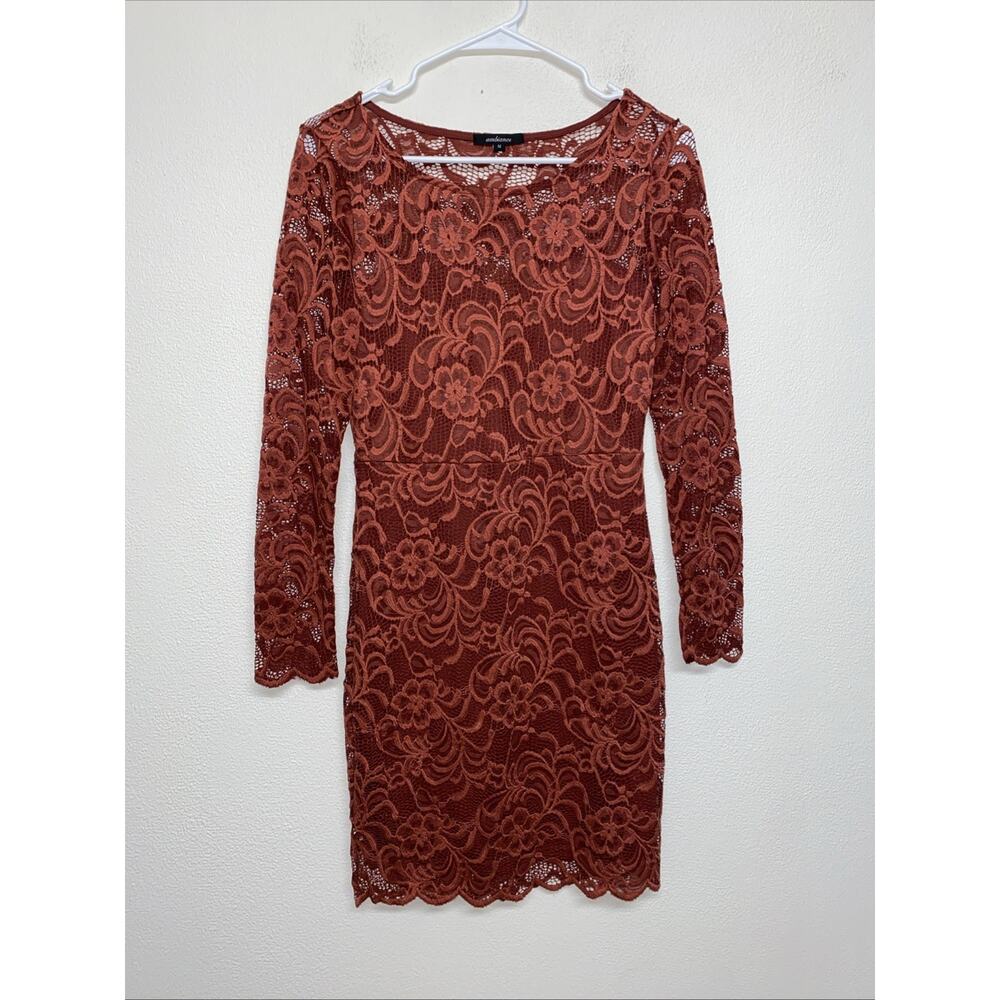 Ambiance Floral Sheer Lace Long Sleeve Mini Dress Medium Scalloped Trim EUC
